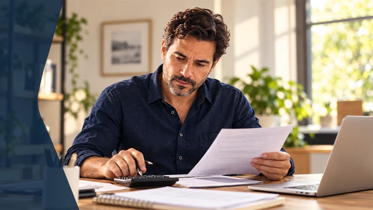Empresário analisando uma proposta de crédito impressa, com calculadora e notebook sobre a mesa.